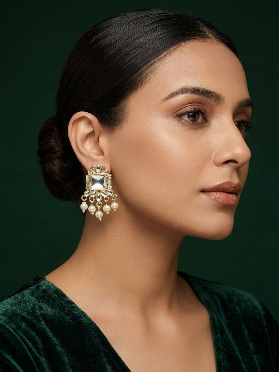 Kundan Studded And Pearls Beaded Drop Earrings