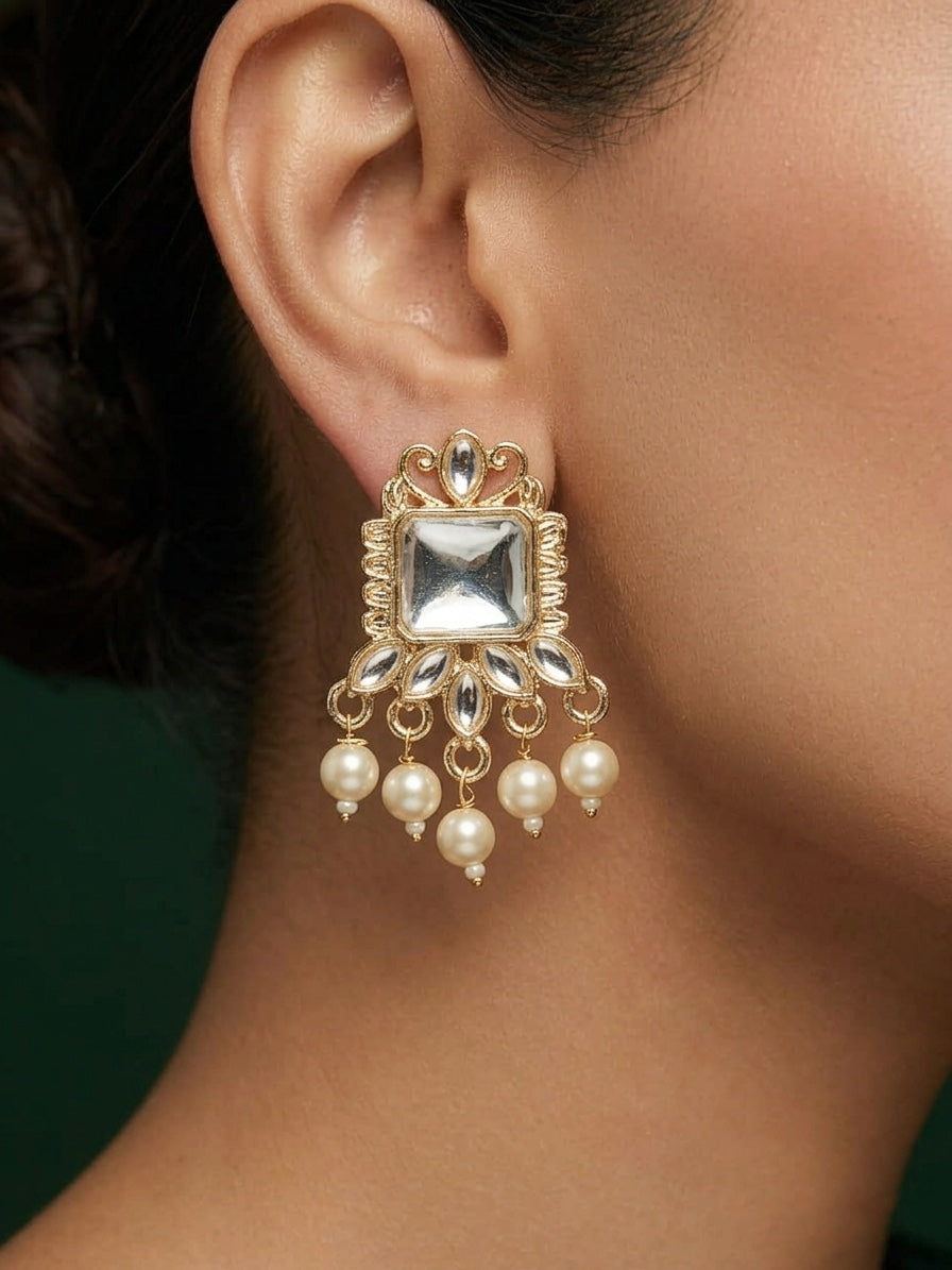 Kundan Studded And Pearls Beaded Drop Earrings