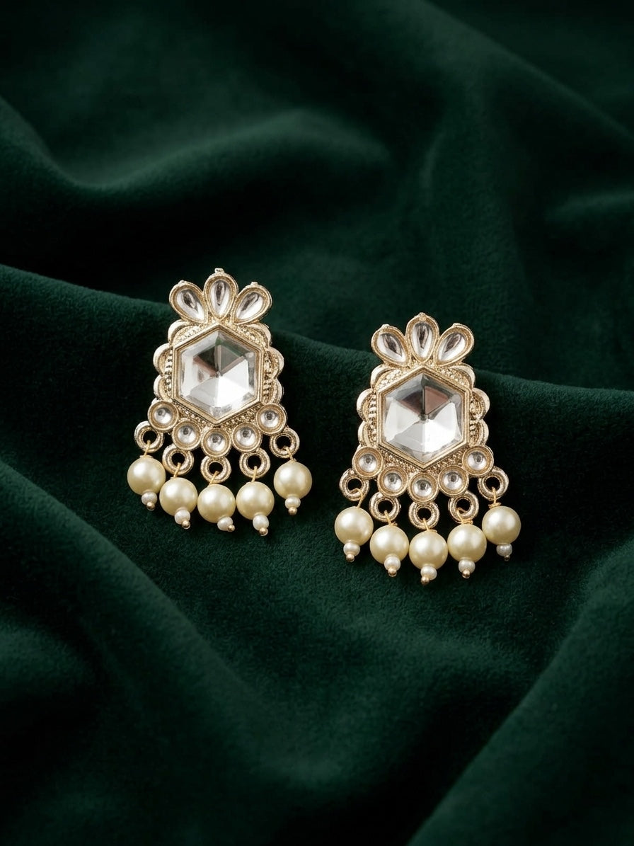 Kundan Studded And Pearls Beaded Drop Earrings