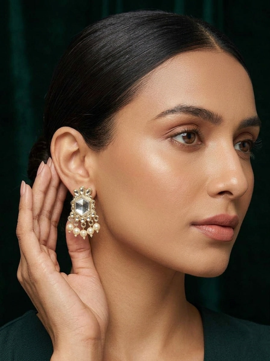Kundan Studded And Pearls Beaded Drop Earrings