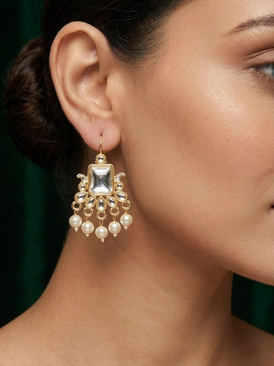 Kundan Studded And Pearls Beaded Drop Earrings