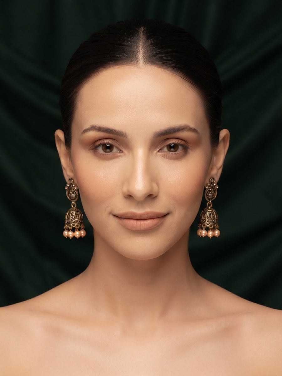 Gold Plated With Pearls Beaded Traditional Jhumka