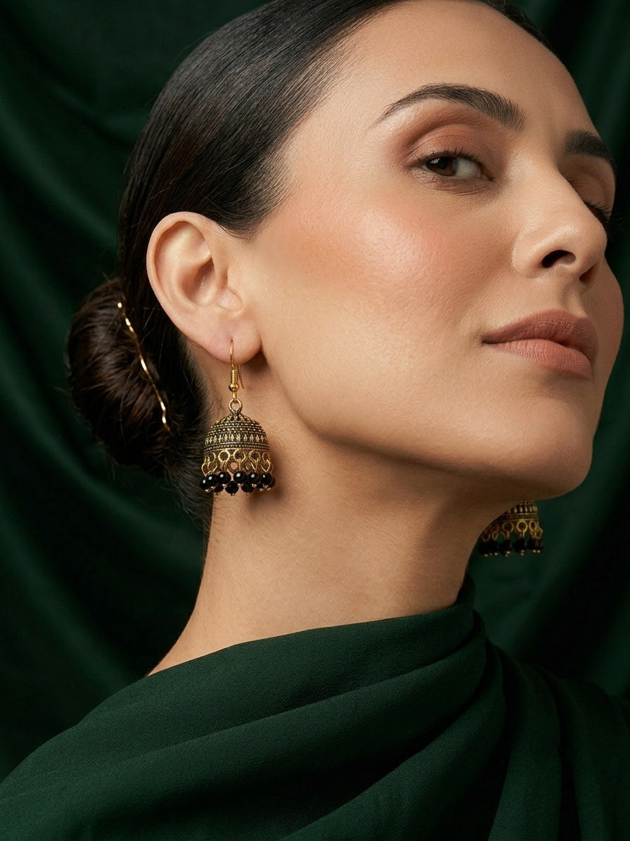 Gold Plated Oxidized With Beaded Jhumka