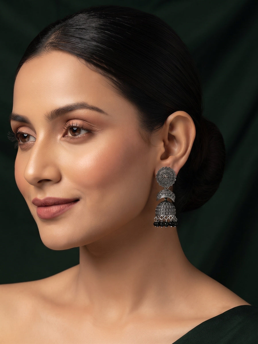 Silver Plated Oxidized With Beaded Traditional Jhumka