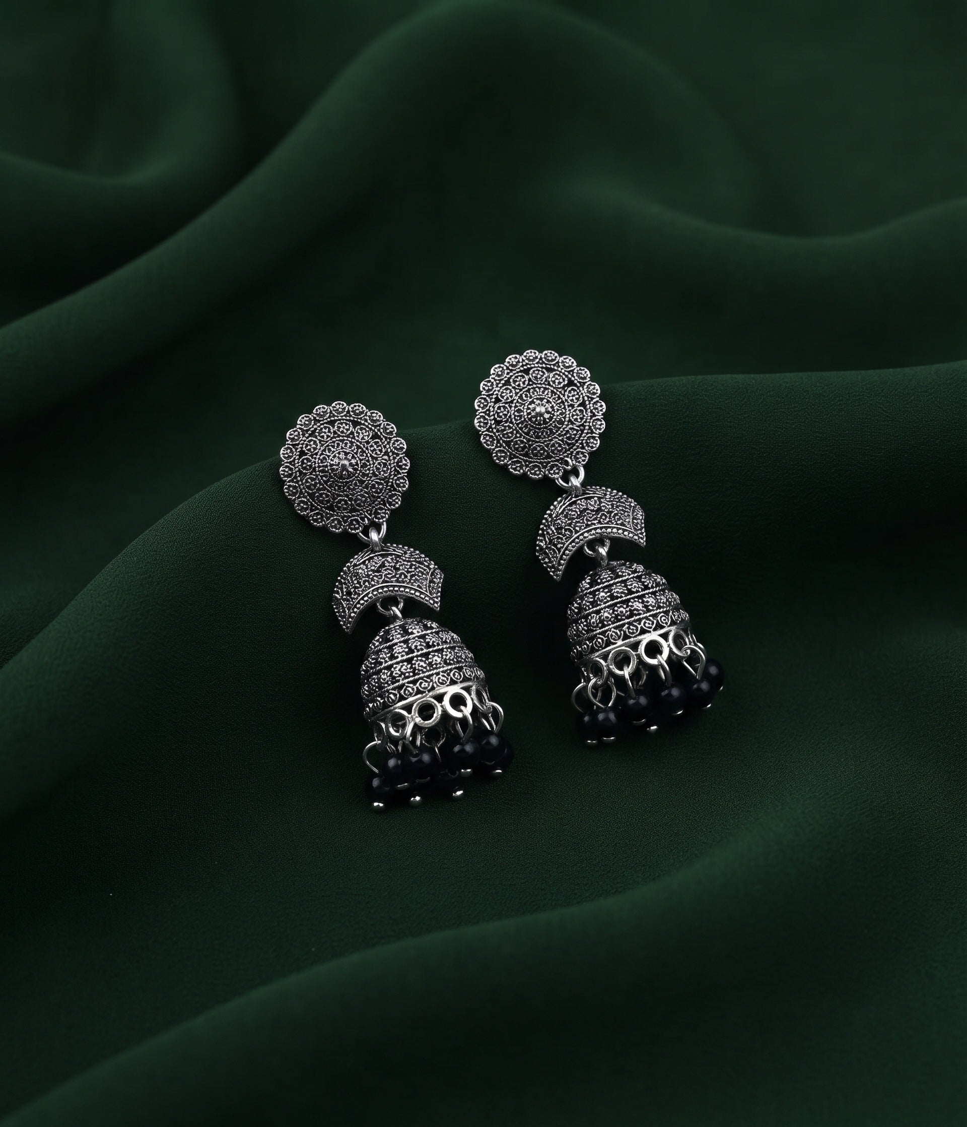 Silver Plated Oxidized With Beaded Traditional Jhumka