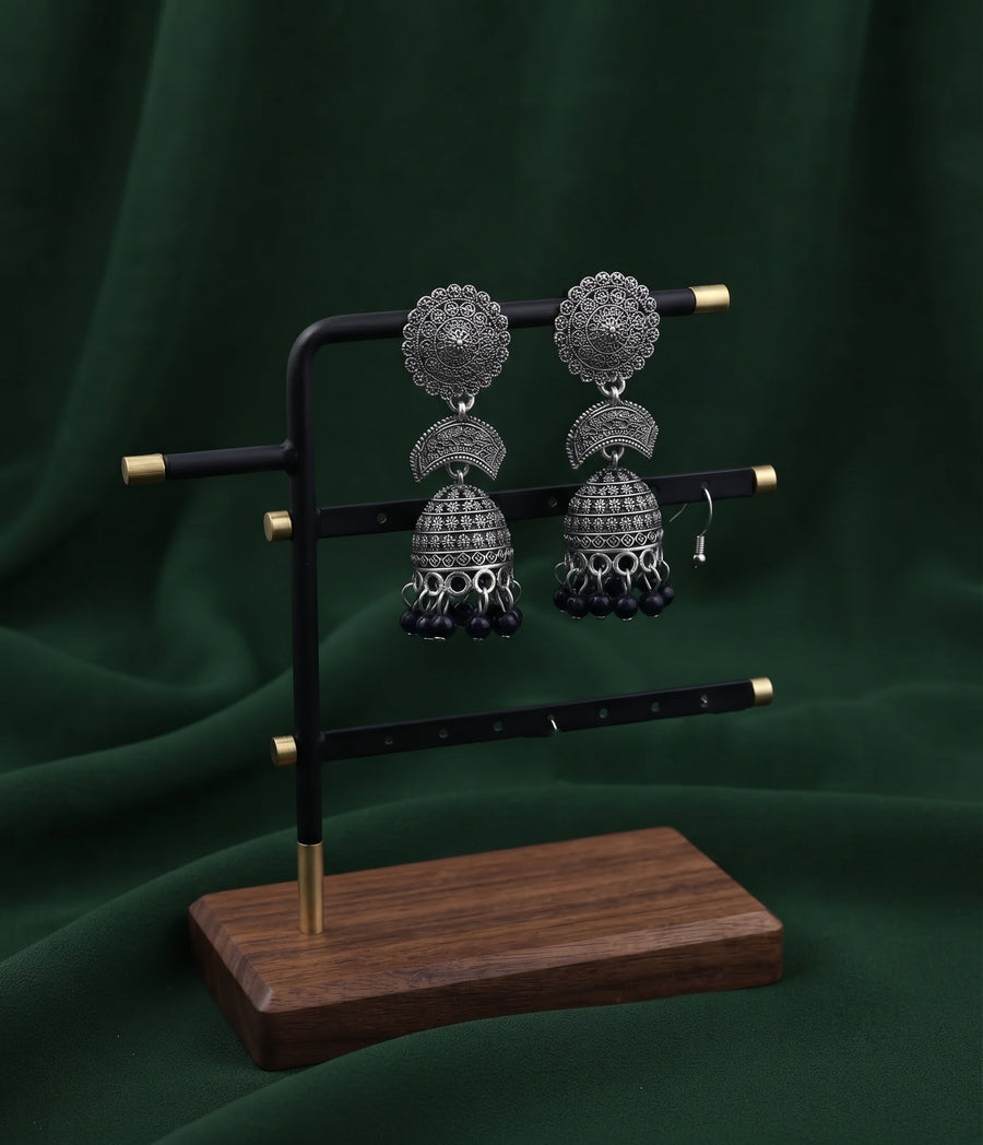 Silver Plated Oxidized With Beaded Traditional Jhumka