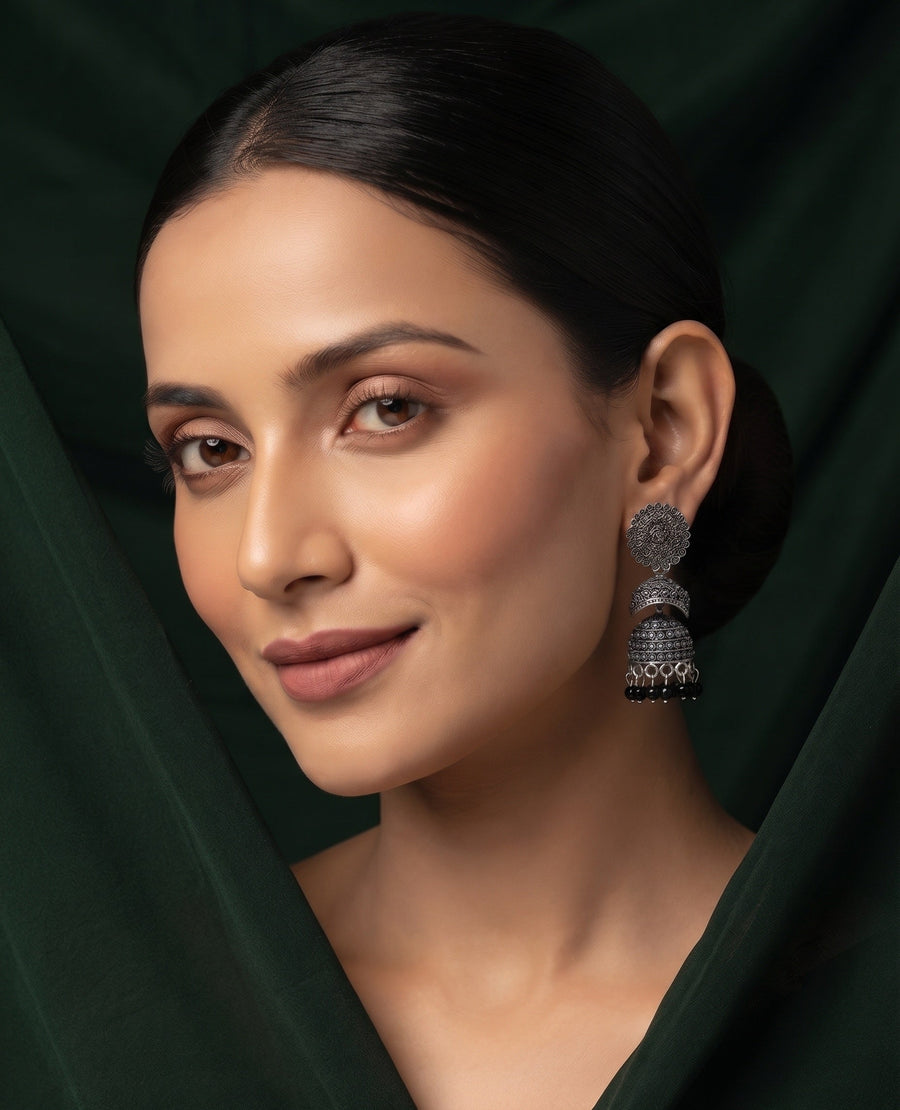 Silver Plated Oxidized With Beaded Traditional Jhumka