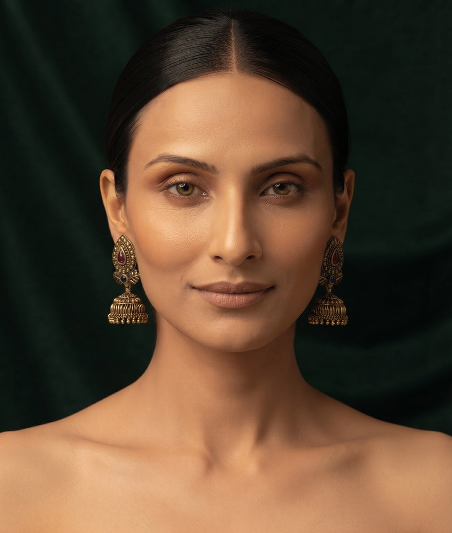 Gold Plated Oxidized With Beaded Traditional Jhumka
