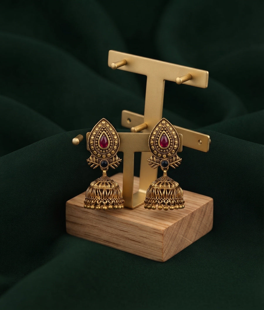 Gold Plated Oxidized With Beaded Traditional Jhumka