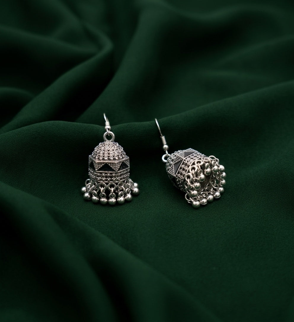 Silver Plated Oxidized With Beaded Jhumka