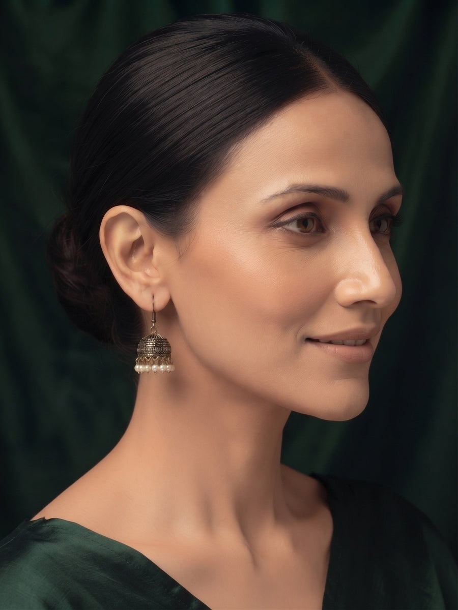 Gold Plated Oxidized With Beaded Jhumka