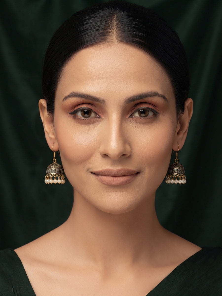 Gold Plated Oxidized With Beaded Jhumka