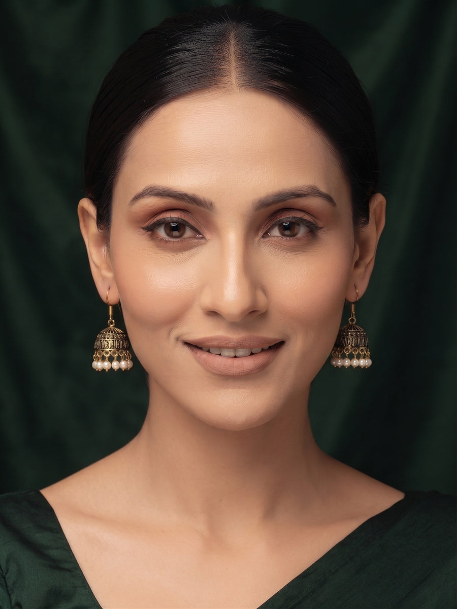 Gold Plated Oxidized With Beaded Jhumka