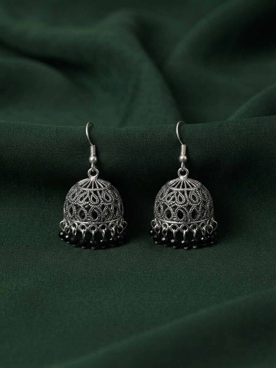 Silver Plated Oxidized With Beaded Jhumka