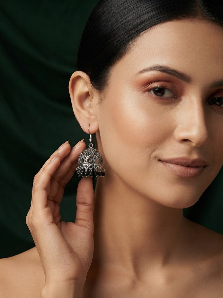 Silver Plated Oxidized With Beaded Jhumka