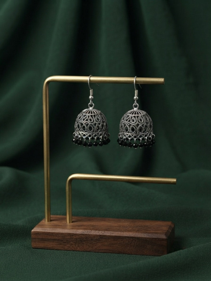 Silver Plated Oxidized With Beaded Jhumka