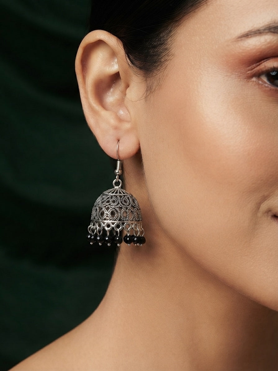 Silver Plated Oxidized With Beaded Jhumka