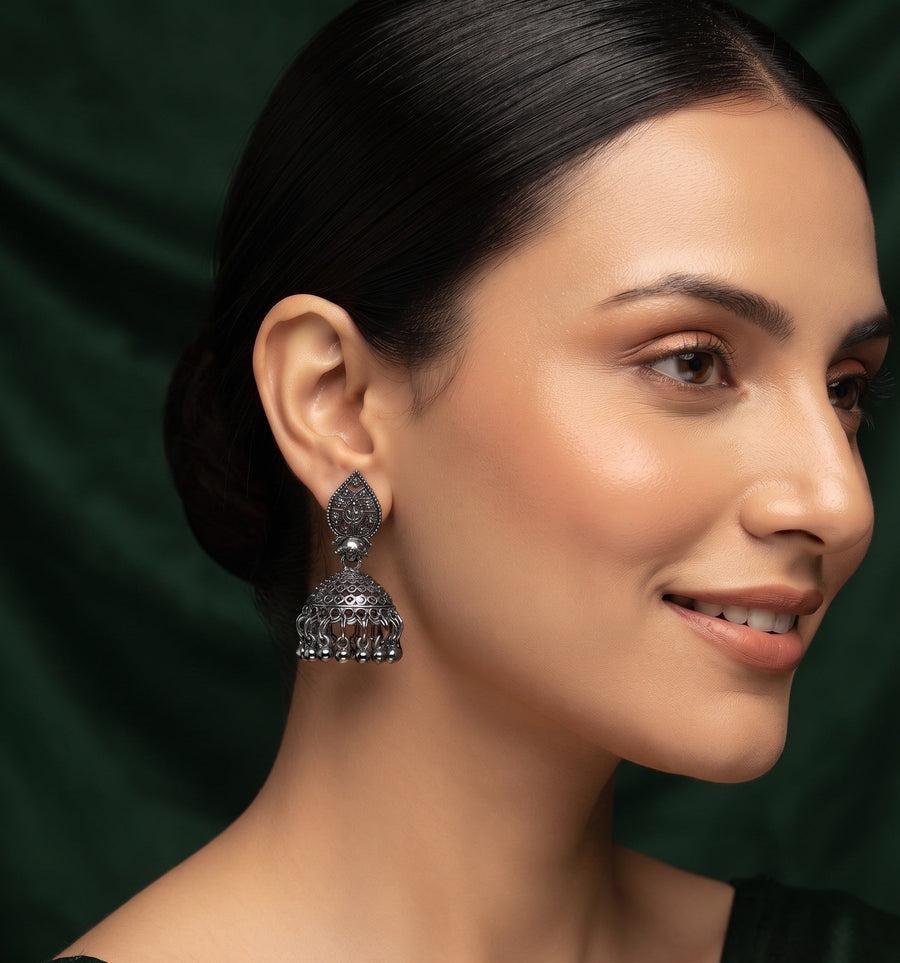 Silver Plated Oxidized With Beaded Jhumka