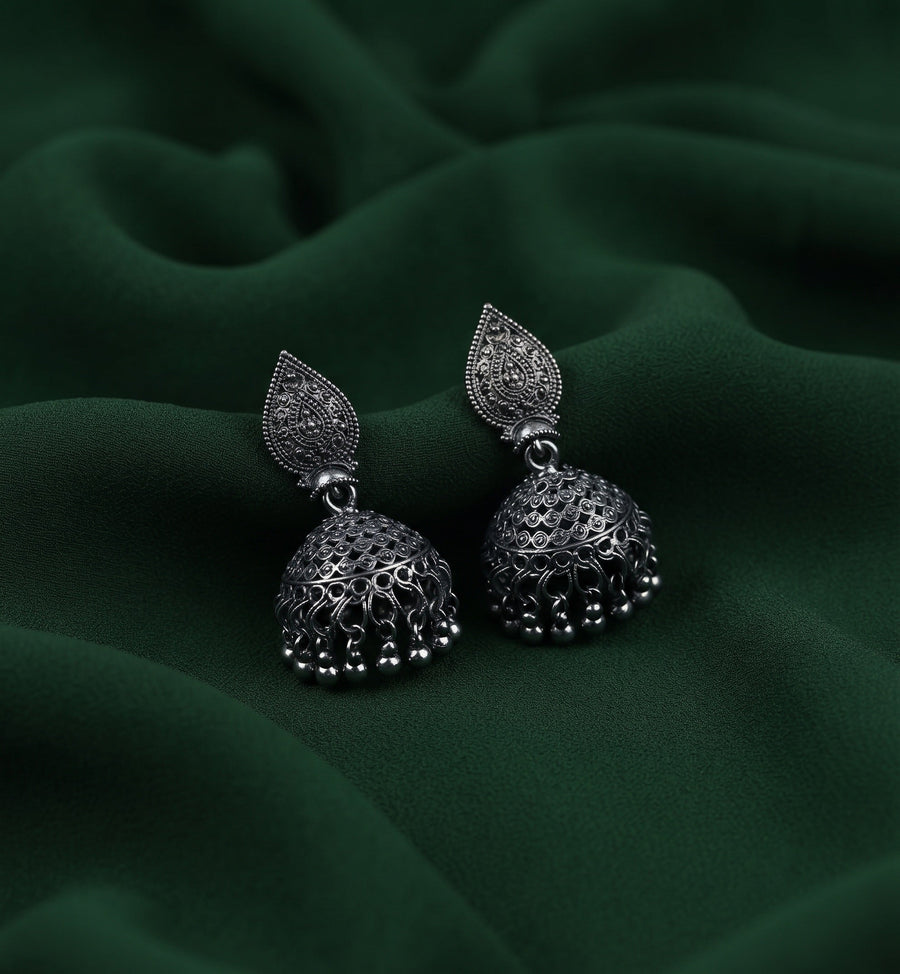 Silver Plated Oxidized With Beaded Jhumka