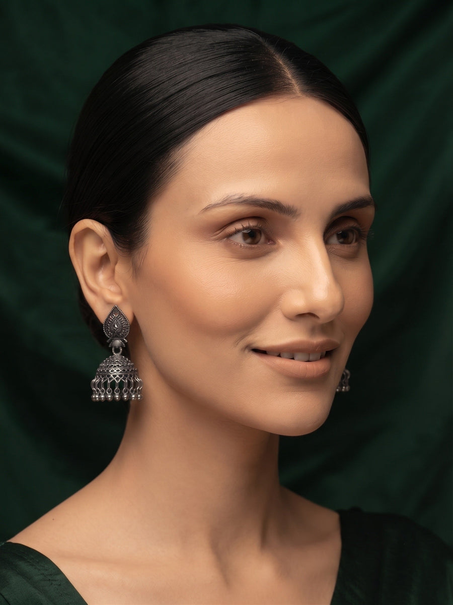 Silver Plated Oxidized With Beaded Jhumka