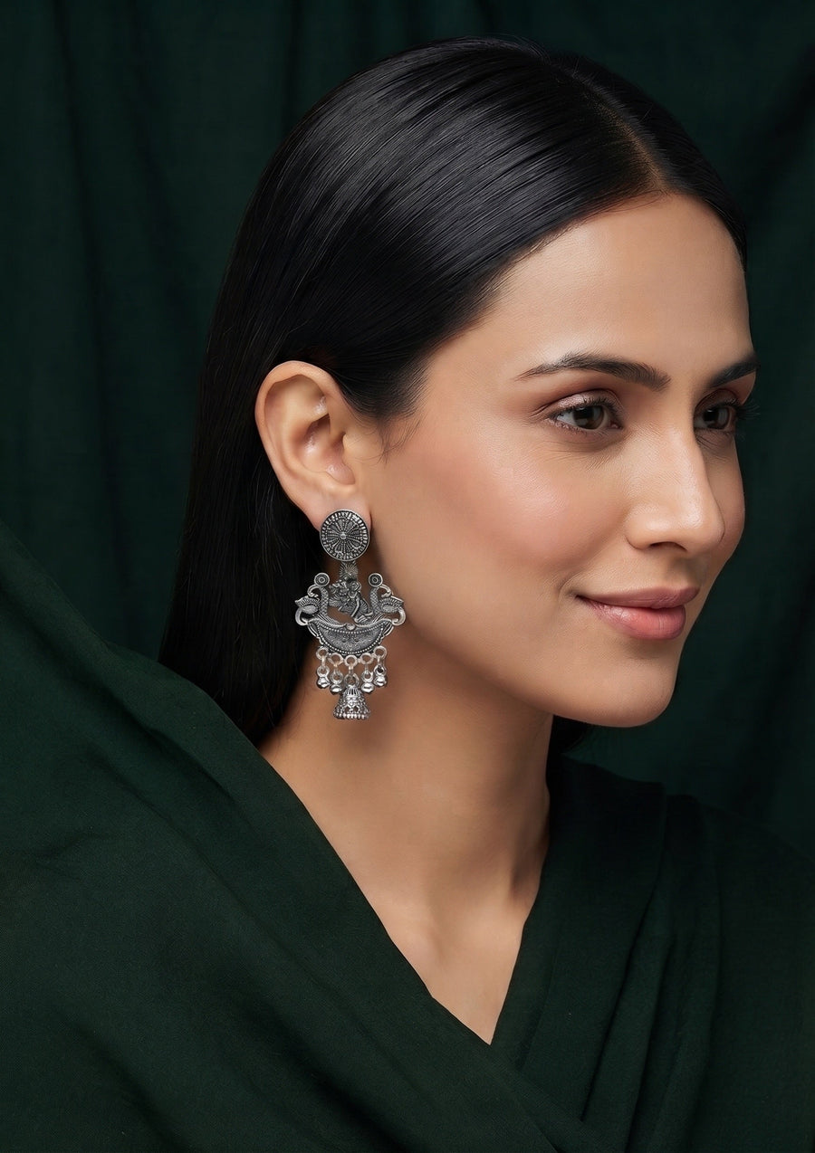 Silver Plated Oxidized Fancy Drop Earrings