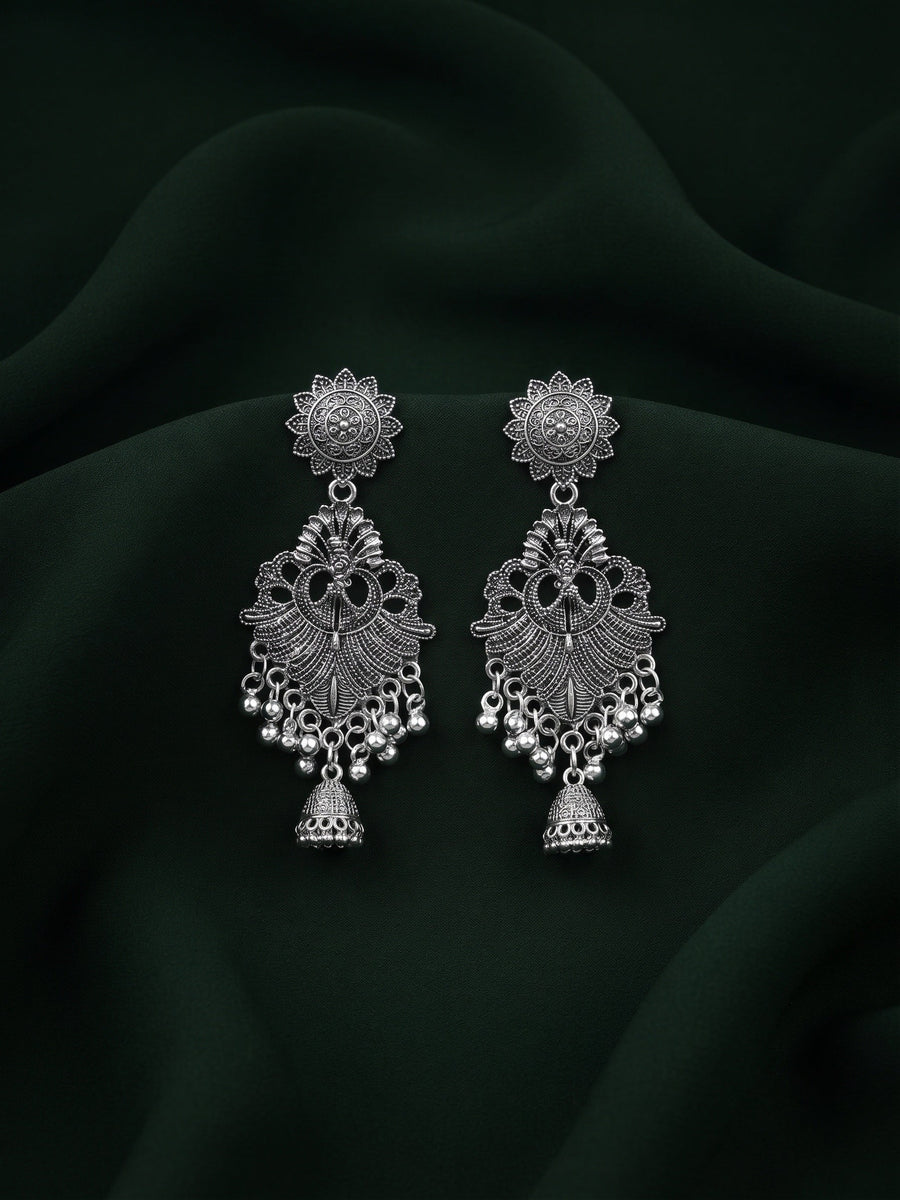 Silver Plated Oxidized Fancy Jhumka Earrings