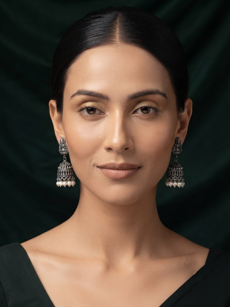 Silver Plated Oxidized Temple Jhumka Earrings