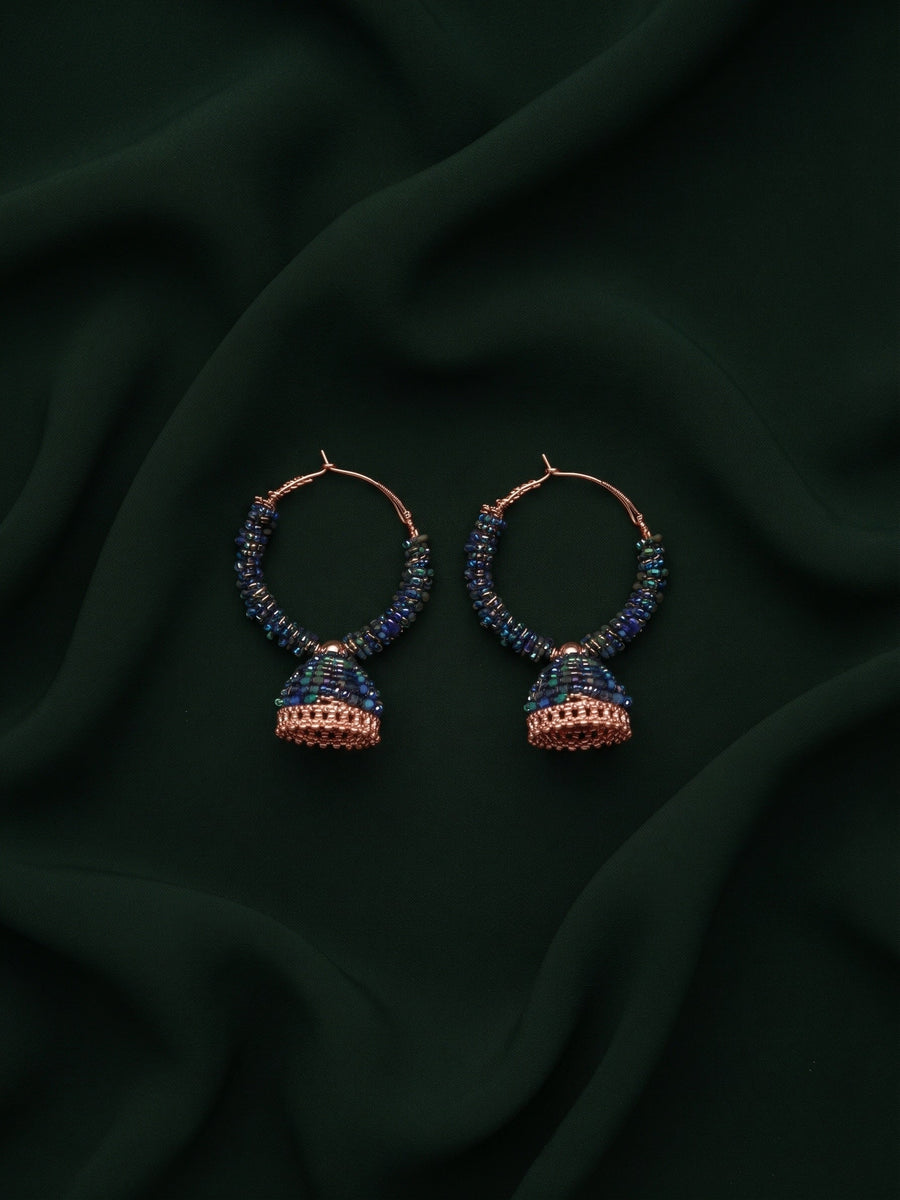Gold Plated Stylish Blue Beaded Jhumka Earrings