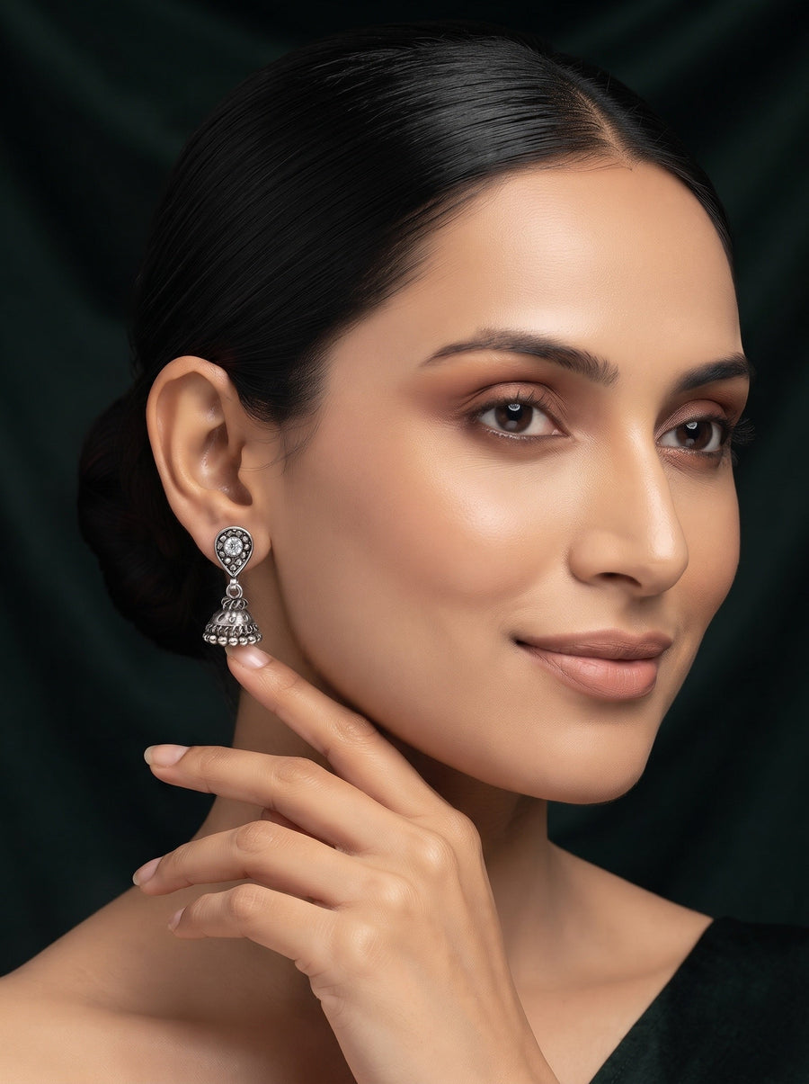 Silver Plated Oxidized Fancy Jhumka Earrings