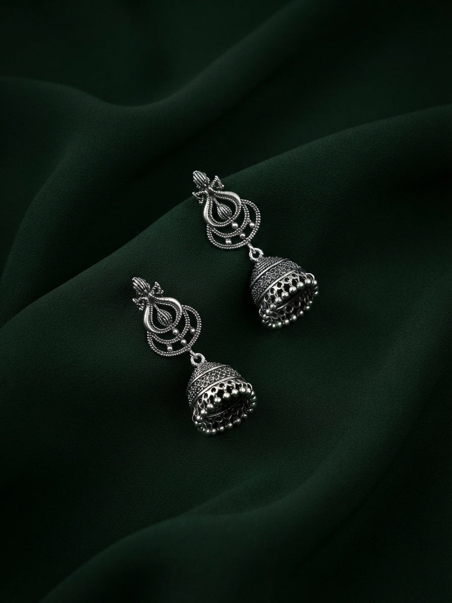 Silver Plated Oxidized With Beaded Jhumka