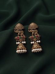 Gold Plated Oxidized With Beaded Traditional Jhumka