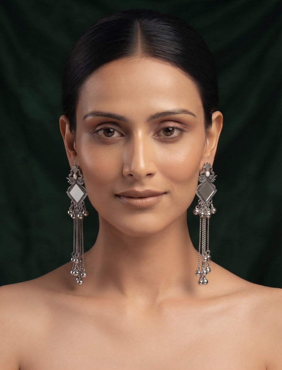 Silver Plated Oxidized Fancy Drop Earrings