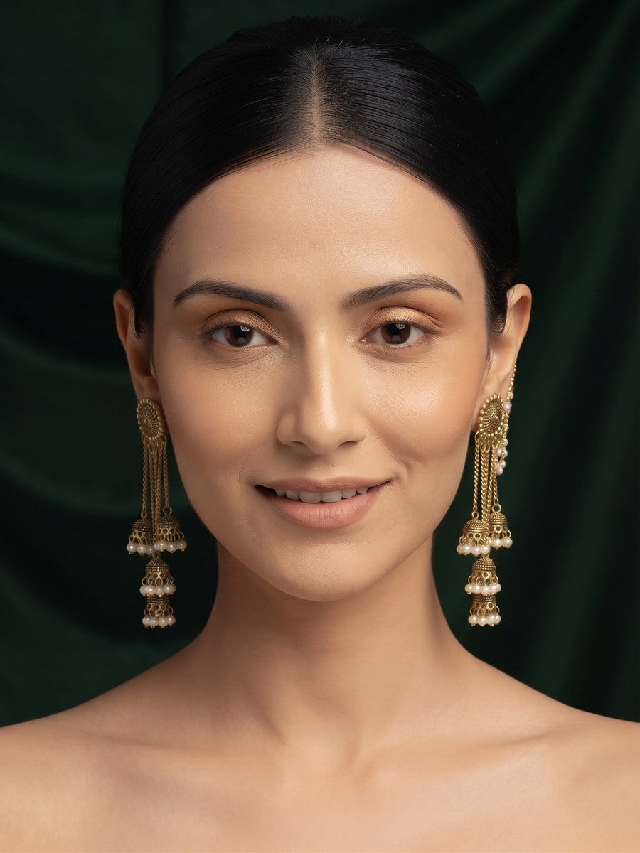 Gold-Toned Pearl-Embellished Layered Chain Jhumka Statement Earrings