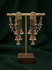 Gold-Toned Pearl-Embellished Layered Chain Jhumka Statement Earrings
