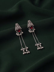 Silver-Toned Oxidised Long Chain Drop Earrings with Ghungroo Charms