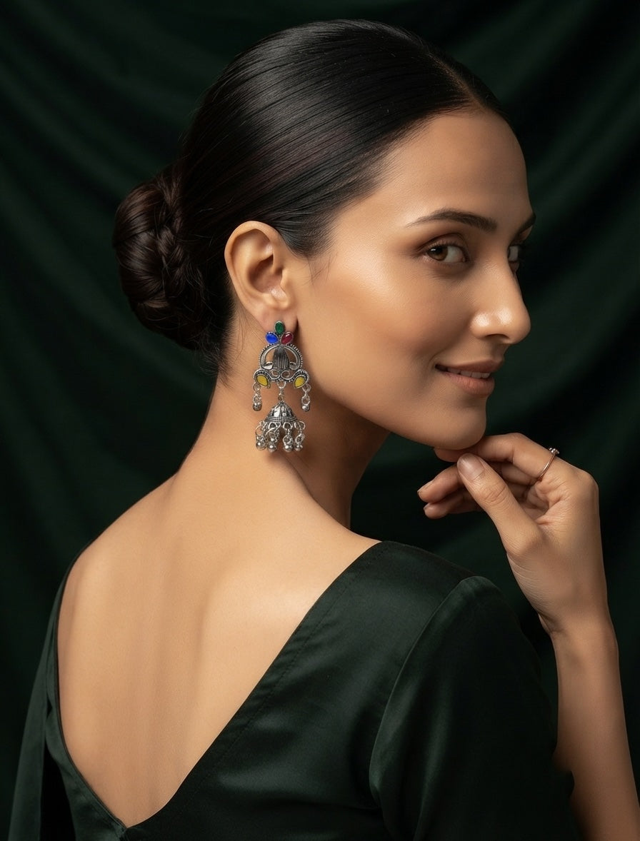 Silver Plated Oxidized Fancy Jhumka Earrings