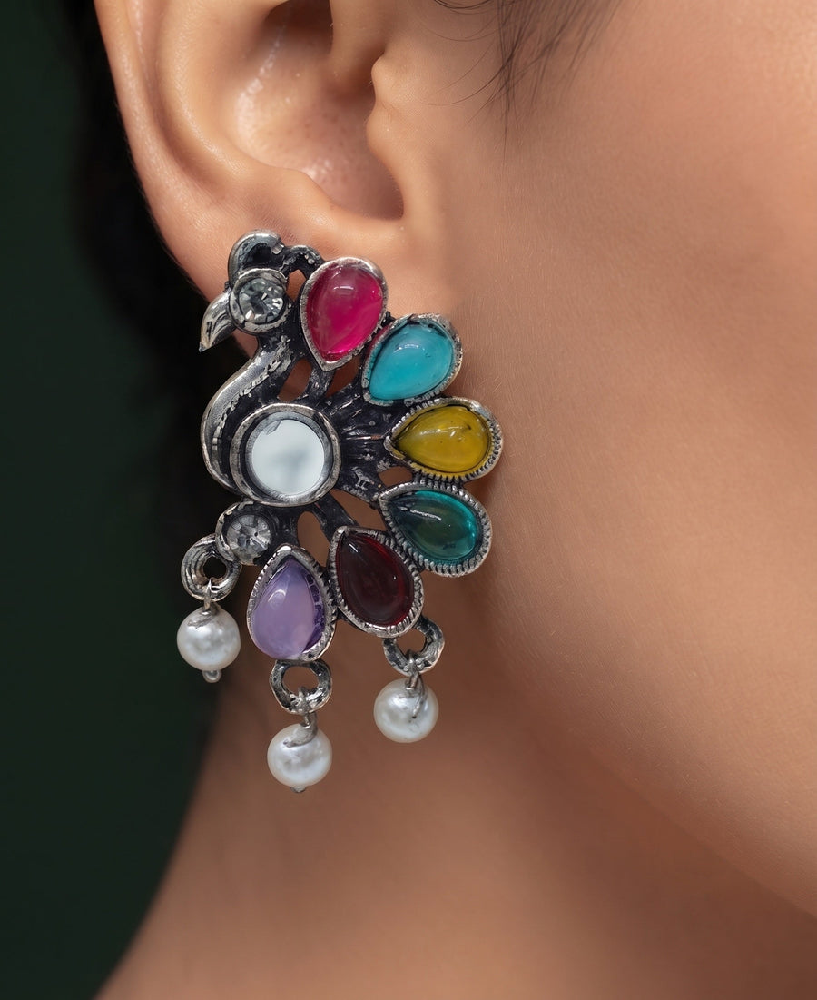 Silver Plated Oxidized Peacock Studs