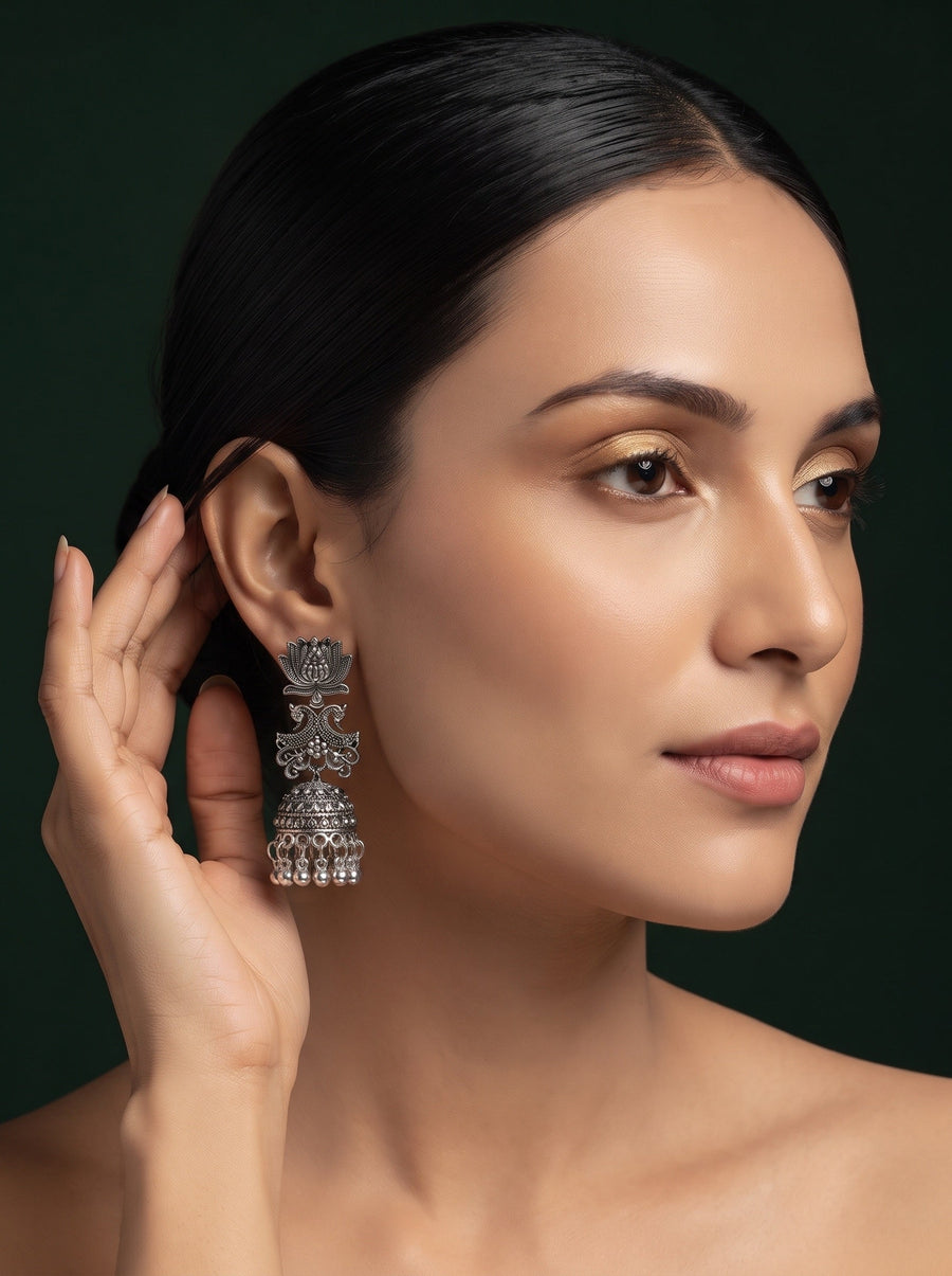 Silver Plated Oxidized Fancy Jhumka Earrings