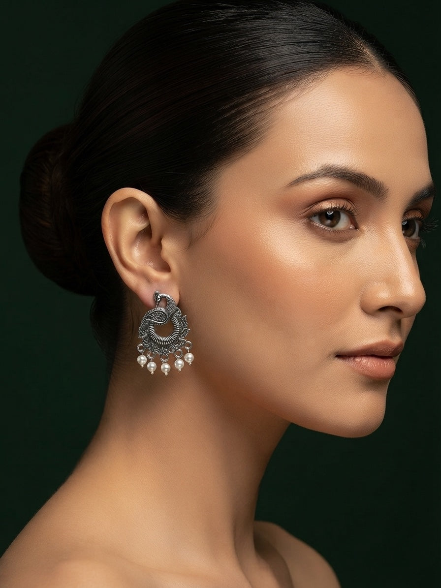 Silver Plated Oxidized Peacock Mottif Earrings