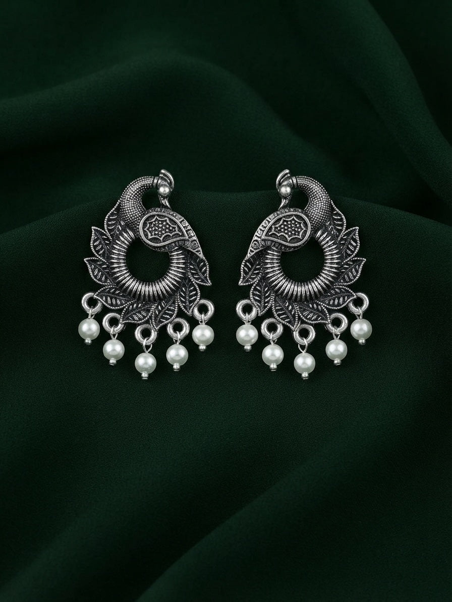Silver Plated Oxidized Peacock Mottif Earrings