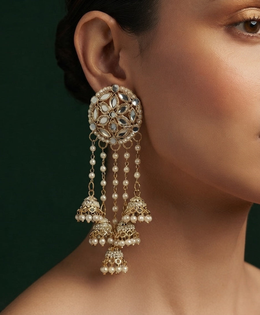 Gold-Toned Kundan & Pearl Jhumka Drop Earrings