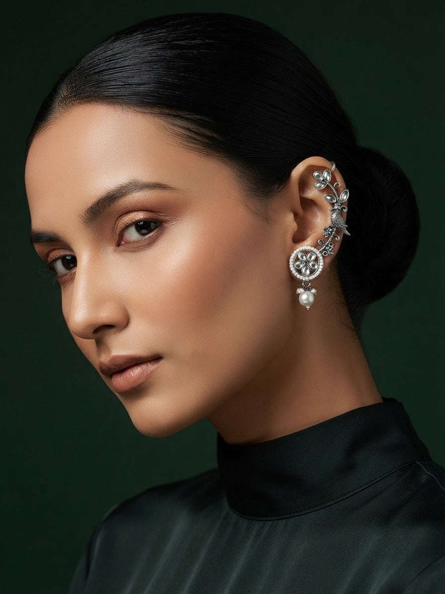Silver Plated Oxidized Ethnic Design Ear Cuff