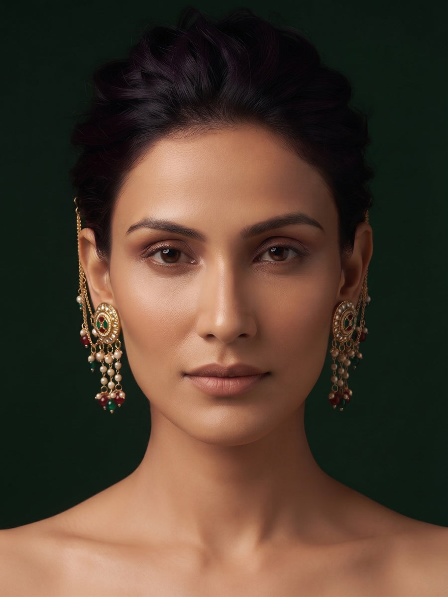 Gold-Toned Stone & Beaded Multi-Layered Ear Chain Earrings