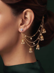 Gold Plated Classic Layered Pearl Earchain With Jhumki Studded