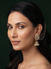 Gold Plated Beaded Jhumka Earrings With Ear Chain