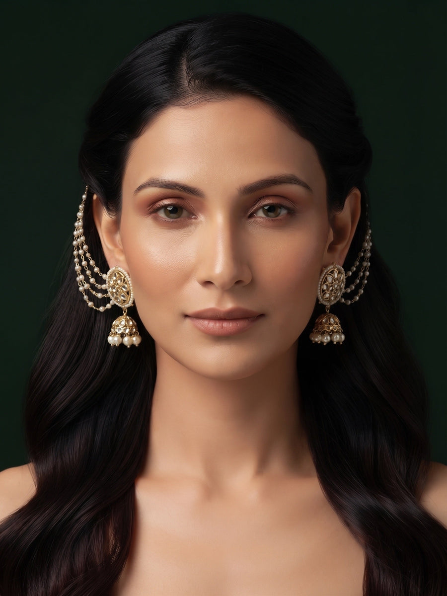 Gold Plated Beaded Jhumka Earrings With Ear Chain