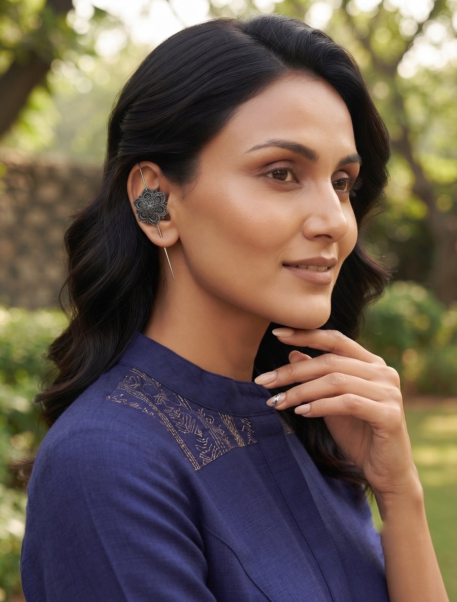 Silver Plated Oxidized Ethnic Design Ear Cuff