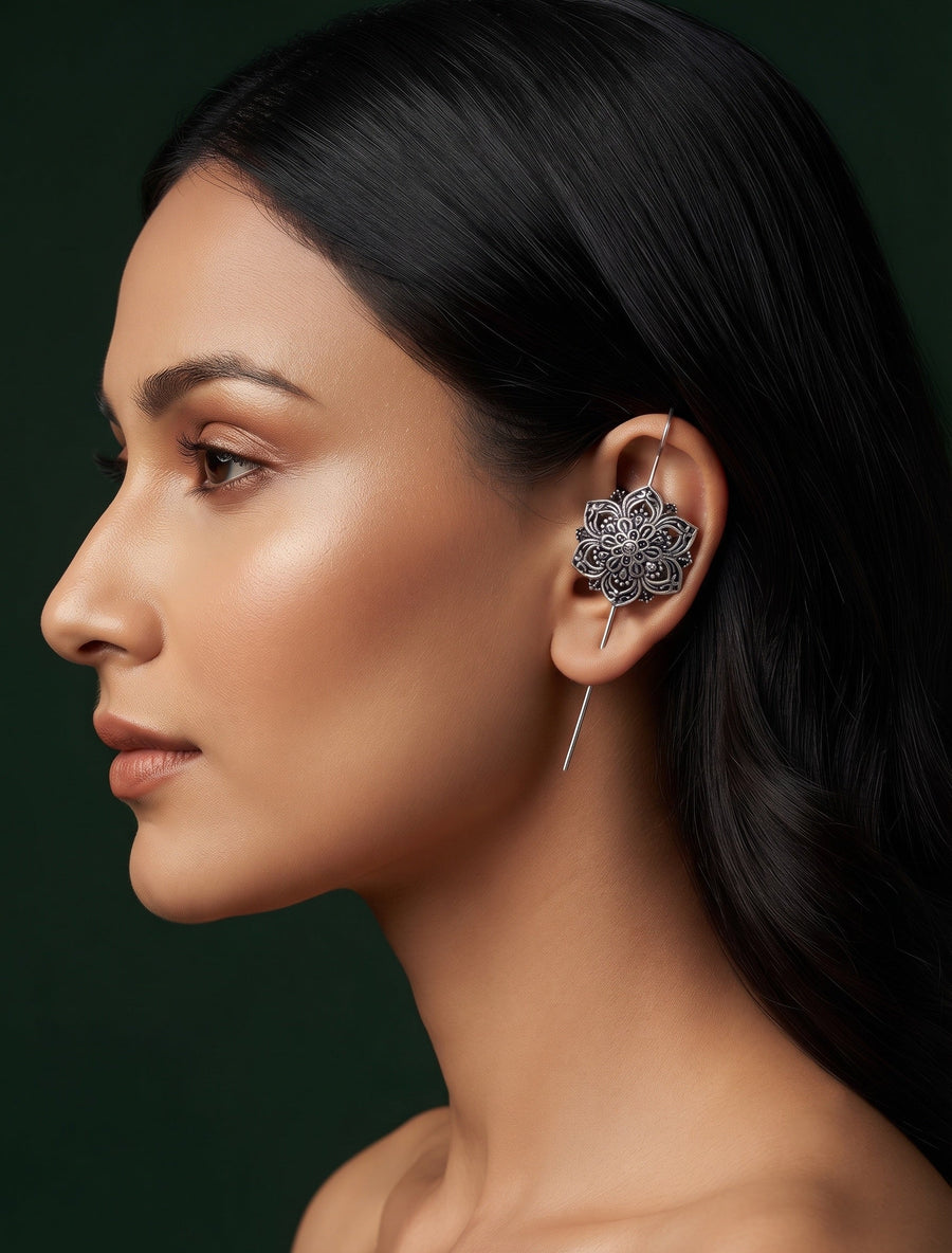 Silver Plated Oxidized Ethnic Design Ear Cuff