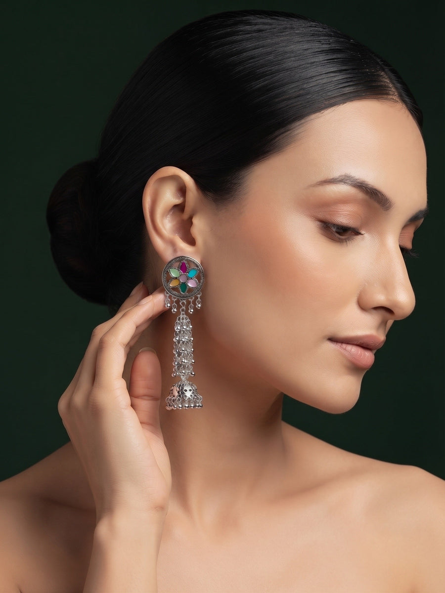 Silver Plated Oxidized Fancy Drop Earrings