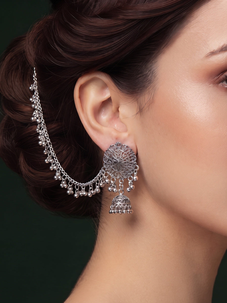Silver Plated Oxidized Jhumka Earrings With Earchain